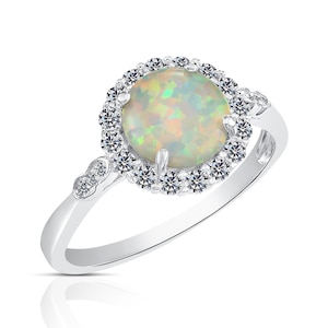 Opal Ring, Sterling Silver Fire Opal Round Ring, Elegant Simulated Diamond Engagement  Ring