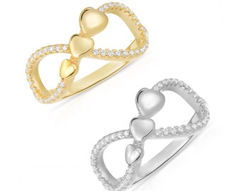 Bague infinity CZ en argent sterling, avec coeurs délicats, bijoux style amour