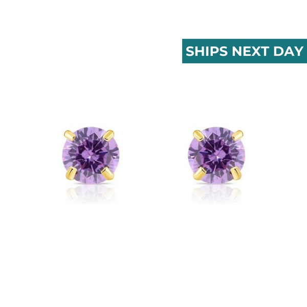 14k Solid Yellow Gold Round CZ Stud Earrings, Screwback Sleeper Studs, February Birthstone Amethyst