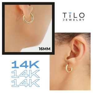14K Gold Classic Hoop Earrings, Solid 14k Yellow and White Gold Lightweight Hoops, Bold and Classy 3mm Design 16mm (0.65 inch)