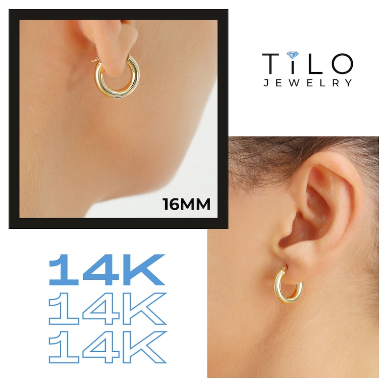 14K Gold Classic Hoop Earrings, Solid 14k Yellow and White Gold Lightweight Hoops, Bold and Classy 3mm Design 16mm (0.65 inch)