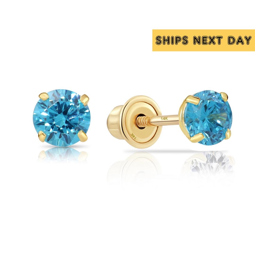 Orecchini a bottone rotondi in oro giallo massiccio 14 carati con zirconi cubici, orecchini a bottone con zirconi cubici, orecchini a bottone con zirconi cubici, unisex - Italia