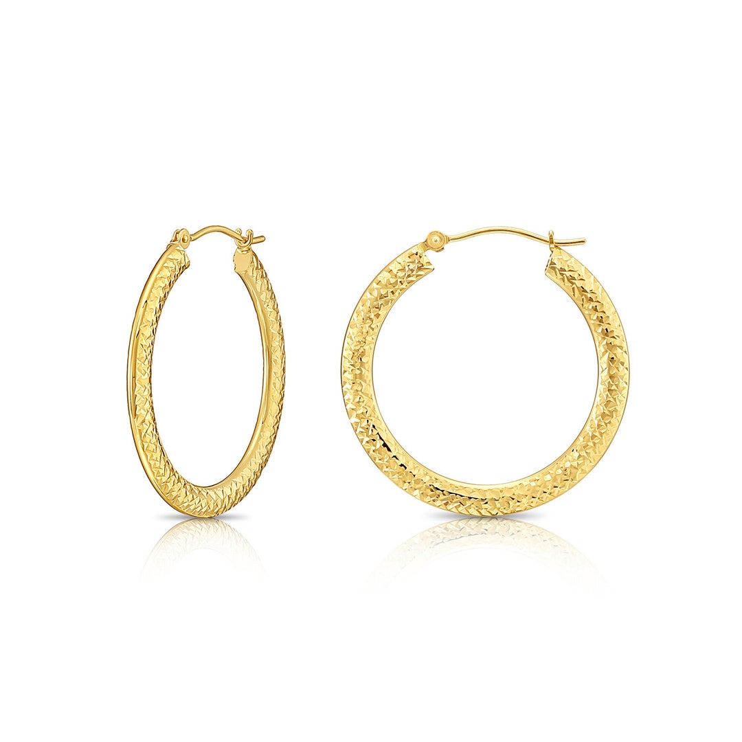 14K Yellow Gold Diamond Cut Flat Hoop Earrings - Etsy