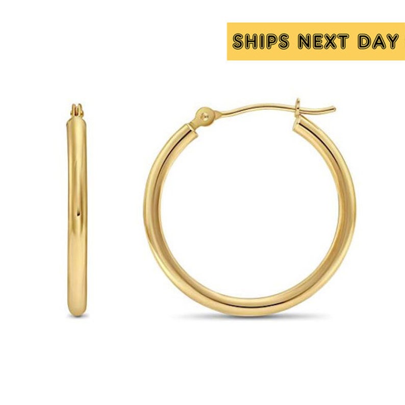 14K Gold Round Hoop Earrings, Solid Yellow Gold Shiny Hoops, Classic Jewelry Handmade with Love 