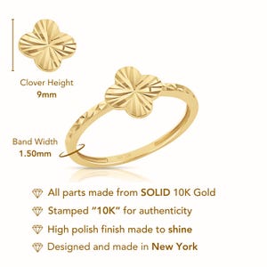 Puede incluir: Un anillo de tr&eacute;bol de oro con un ancho de banda de 1,50 mm y una altura de tr&eacute;bol de 9 mm. El anillo est&aacute; hecho de oro s&oacute;lido de 10K y est&aacute; estampado con "10K" para autenticidad. Tiene un acabado pulido y est&aacute; dise&ntilde;ado y fabricado en Nueva York.