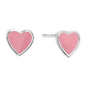 925 Sterling Silver Little Indigo Pink Heart Enamel Stud Earrings, Solid Sterling Silver Butterfly Push-back Studs