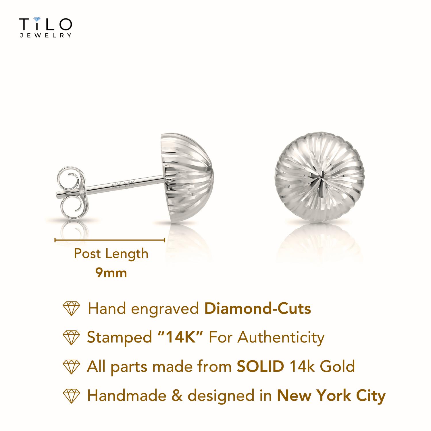 14K White Gold Studs Diamond Cut Flat Back Ball Stud Earrings