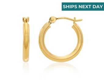 Solid 14K Gold Hoop Earrings, 14 Karat Yellow Gold Round Hoops with a Classic Shiny Polished Finish, 14mm Small Size Handmade in the USA