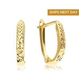 14K Solid Gold Diamond-Cut Oval Huggies, SOLID 14K GOLD Huggie Hoop Earrings, Small Size Hoops Handmade Fine Jewelry, By TILO Jewelry