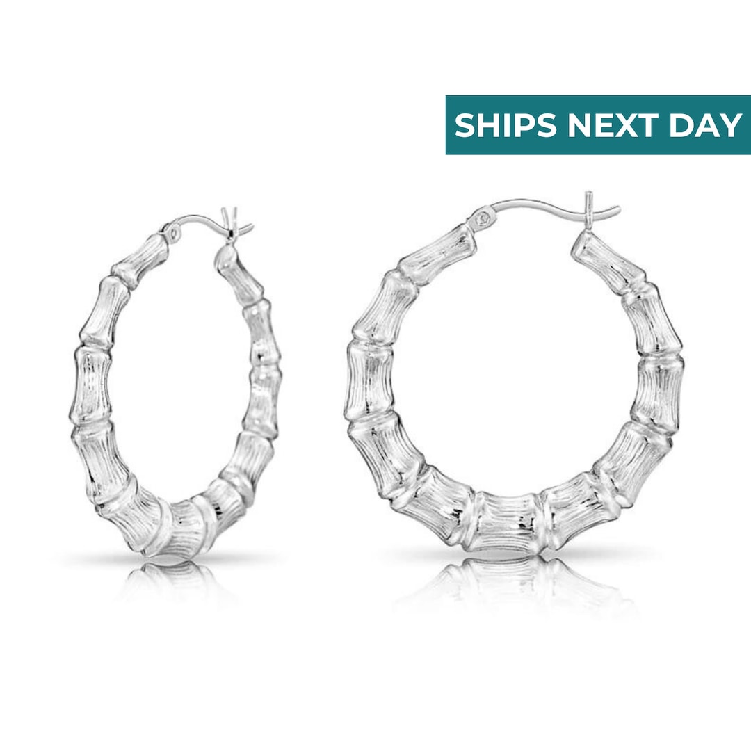Bamboo Texture Round Hoop Earrings in 925 Real Sterling Silver, Silver