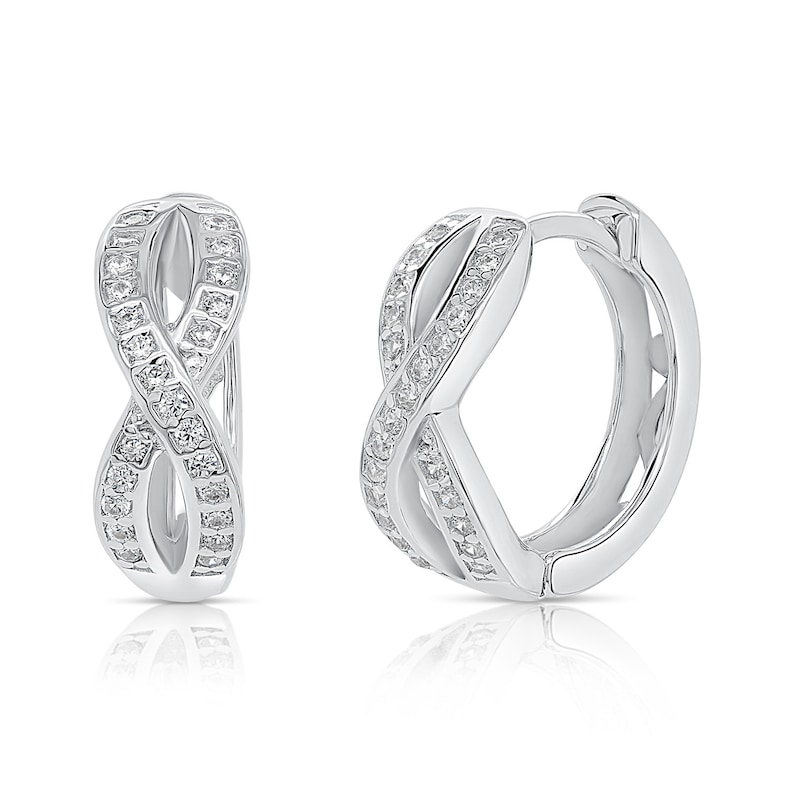 May include: Silver hoop earrings with a double infinity design, accented with small clear cubic zirconia stones.