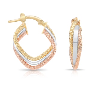 Solid 10K Yellow Gold Tri-Color Hoop Earrings, Diamond-Cut Twist Hoop Earrings, Italian Style Design