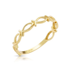 Anillo de pez ictus de oro macizo de 14 k, anillo apilable de oro amarillo de 14 k, regalo para ella, signo zodiacal Piscis, de TILO Jewelry