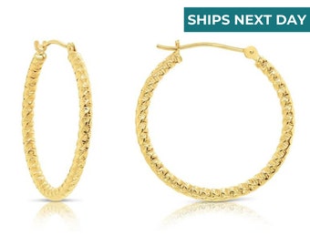 14k Yellow Gold Hoops with Spiral Diamond Cuts, The Twist Collection, 25mm (1 inch), Made by TILO Jewelry