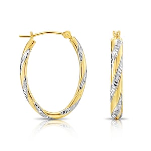 10K Gold Two-Tone Twisted Oval Hoop Earrings, Hand Engraved Diamond-Cuts, 1 Inch (25mm) Hoops, Made By TILO Jewelry