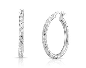 925 Sterling Silver X Diamond-cut Hoops, Real Solid Sterling Silver Hand Engraved Hoop Earrings, Fine and Classy Jewelry