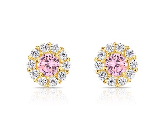 14k Solid Yellow Gold CZ Halo Stud Earrings, Screw Back, October Birthstone Pink Tourmaline, Geometric Studs, Children Earrings, Tiny Studs