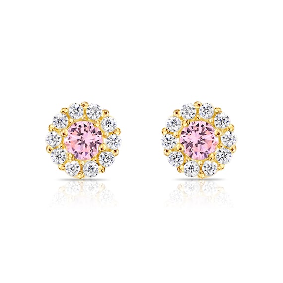 14k Yellow Gold Solid Pink & White CZ Halo Screwback Earrings 14k Yellow Gold Solid Pink & White CZ Halo Screwback Earrings