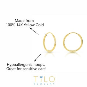 14K Yellow Gold Endless Hoop Earrings, Essential and Minimal Round Hoops, Reaction-free Real 14K Gold Cartilage Jewelry image 2