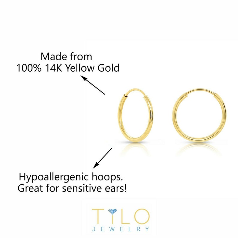 14K Yellow Gold Endless Hoop Earrings, Essential and Minimal Round Hoops, Reaction-free Real 14K Gold Cartilage Jewelry image 2