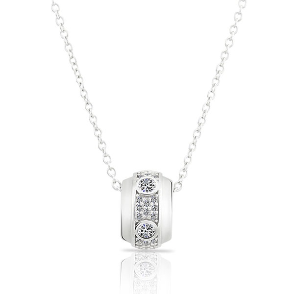 Sterling Silver Charm Necklace with Cubic Zirconia, Round Love Barrel