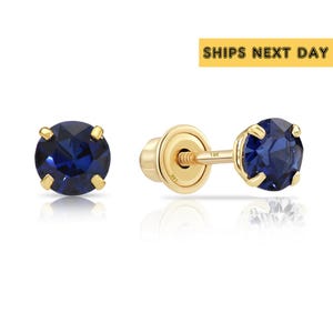 14k Solid Yellow Gold Round CZ Stud Earrings, Screwback Sleeper Studs, September Birthstone Blue Sapphire Studs, By TILO Jewelry