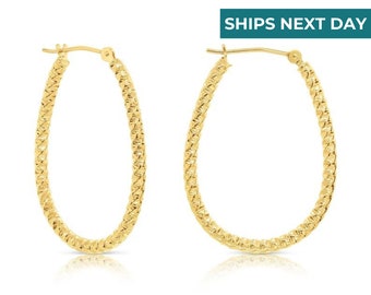 14k Yellow Gold Oval Hoops with Spiral Diamond Cuts, The Twist Collection, 30mm, Made by TILO Jewelry
