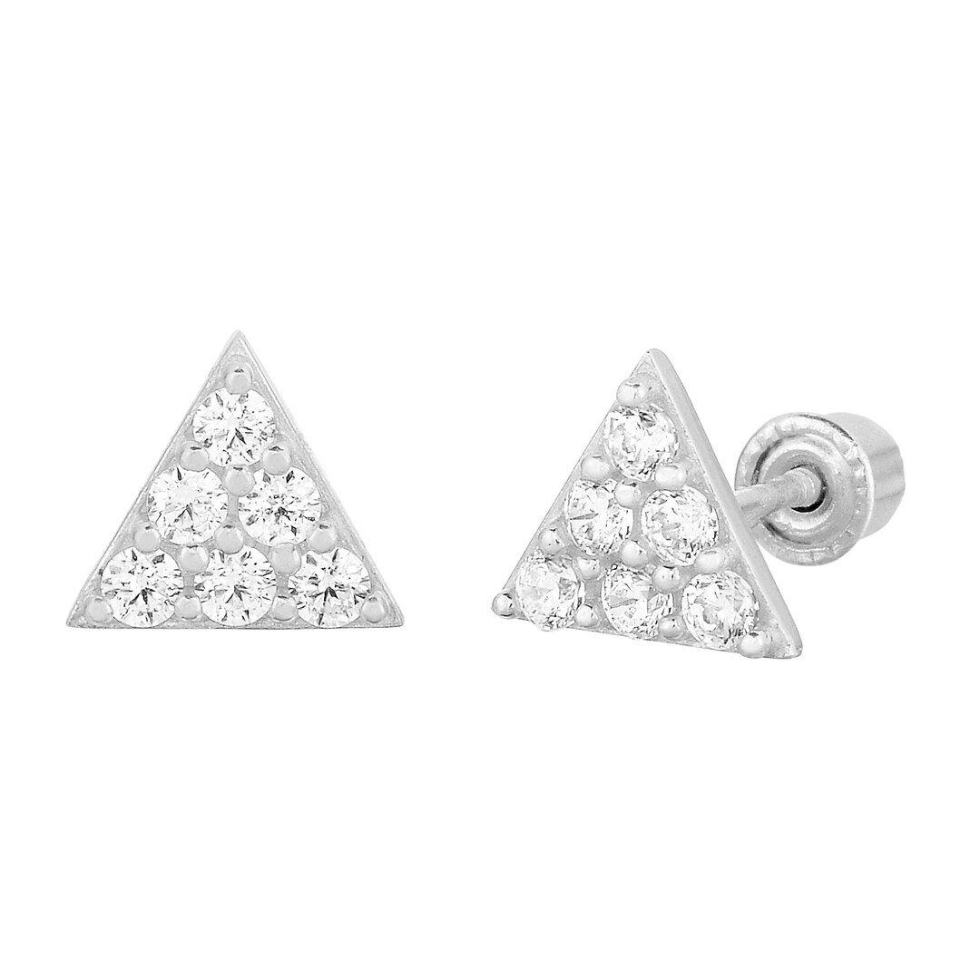 14K Solid White Gold Triangle Shape Stud Earring, Women and Children