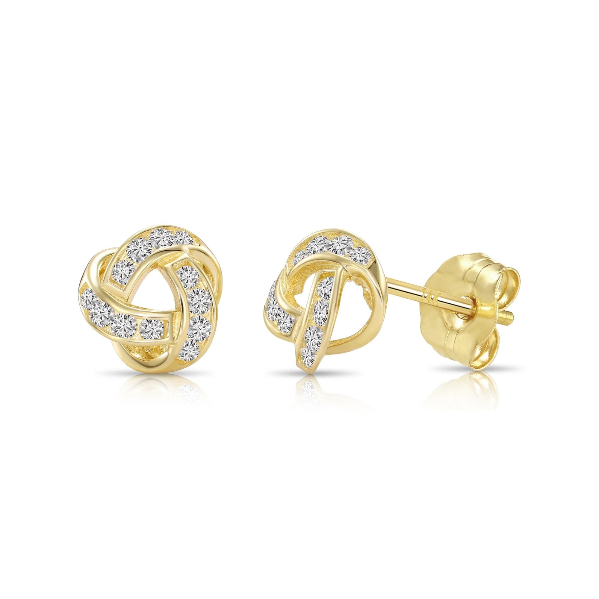 Massief 14k gouden liefdesknoop oorknopjes, briljante CZ liefdesknoop twiststekers, handgemaakte sieraden cadeau, 7 mm, pushback-stekers, van TILO Jewelry