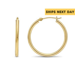 14K Gold Round Hoop Earrings, Solid Yellow Gold Shiny Hoops, Classic Jewelry Handmade with Love