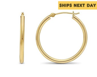 14K Gold Round Hoop Earrings, Solid Yellow Gold Shiny Hoops, Classic Jewelry Handmade with Love