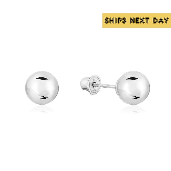 14k White Gold Ball Earrings Solid 14K Gold Ball Studs With - Etsy