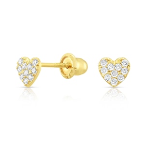 10k Yellow Gold Tiny Cute Heart Stud Earrings with Simulated Diamonds and Secure Screw-Backs