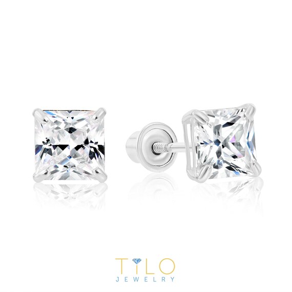 14k White Gold Square CZ Stud Earrings Screw Back Sleeper Unisex