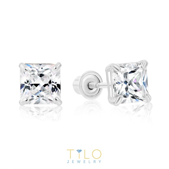 Pretty Screw-Back Diamond Stud Earrings 14K White Gold