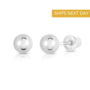 14k White Gold Ball Earrings, Solid 14K Gold Ball Studs with Secure Screwbacks, Everyday Classic Jewelry for Women and Children, By TILO
