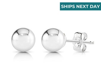 14k White Gold Ball Earrings, Solid 14K Gold Ball Studs with Secure Pushbacks, Everyday Classic Jewelry for Women and Children