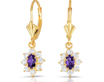 14K Solid Gold Flower Dangle Earrings with Leverbacks, Amethyst Birthstone Color, 1 inch tall