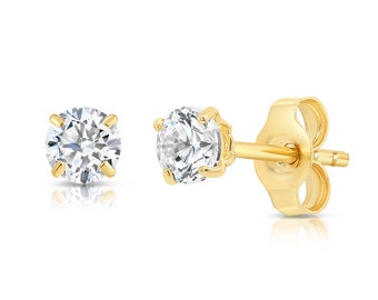 14k Solid Yellow Gold Basket Set Round CZ Stud Earrings, Push back Cz Studs, Sleeper Cz Studs, Unisex