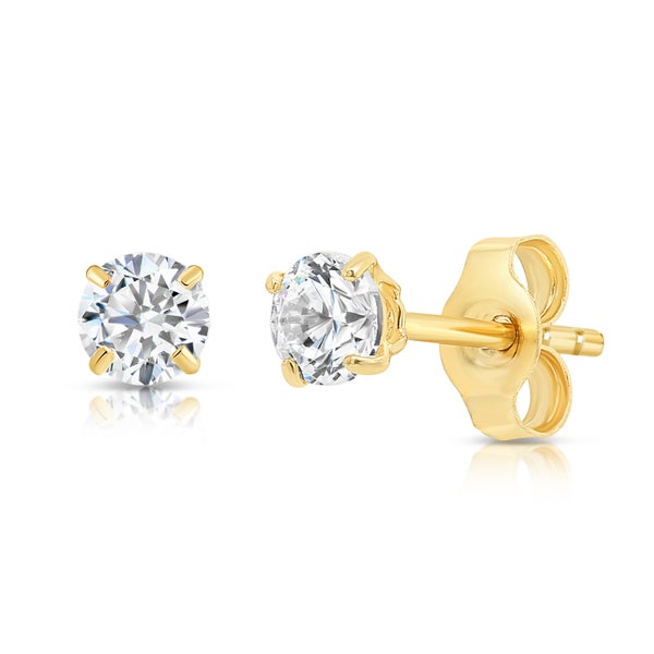 14k Solid Yellow Gold Basket Set Round CZ Stud Earrings, Push back Cz Studs, Sleeper Cz Studs, Unisex