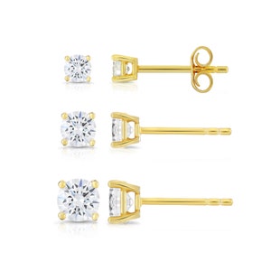 Set of 3! 925 Solid Sterling Silver Basket Set Round CZ Stud Earrings, Pushback Sleeper Studs, Yellow Gold Plated, 3mm 4mm and 5mm