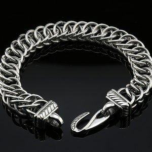 Dark Sterling Silver Handmade Snake-Styled Byzantine Ring Chain Bracelet with Hook Clasp (8 inch)