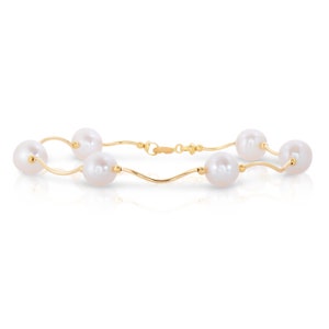 14K Real Solid Gold Freshwater Pearl Station Bracelet, Handmade High Polished Chain Bracelet, Freshwater Cultured Pearl
