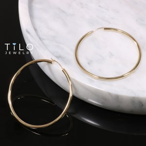 14K Gold Classic Hoop Earrings, Solid 14k Yellow and White Gold Lightweight Hoops, Bold and Classy 3mm Design image 9