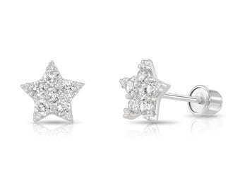 14K Solid White Gold Star Shape Stud Earrings for Women and Children, By TILO Jewelry