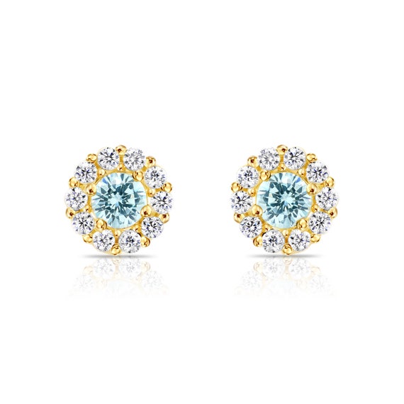 14K Real Yellow Gold 8mm Round Halo Light Green And White CZ Screw Back Earrings 14K Real Yellow Gold 8mm Round Halo Light Green And White CZ Screw Back Earrings