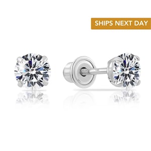 14k Solid White Gold Basket Set Round CZ Stud Earrings, Screw back Cz Studs, Sleeper Cz Studs, Unisex, Round Brilliant-Cut, By TILO Jewelry