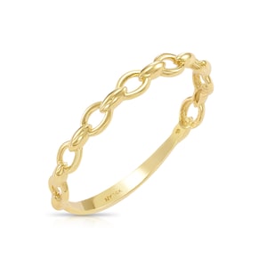May include: A gold chain ring with a 14K hallmark. The ring is made of a thick, chunky chain with oval links.