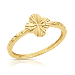10K Solid Yellow Gold Four Leaf Clover Ring, Stackable Dainty Ring, Good Luck/Fortune Clover, Hand Engraved Diamond-Cuts, By TILO Jewelry