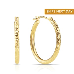 14K Gold Hoop Earrings With Hand Engraved &quot;Tornado&quot; Diamond-Cuts, Medium Designer Hoops, 1 inch (25mm),  Handmade In NYC By TILO Jewelry